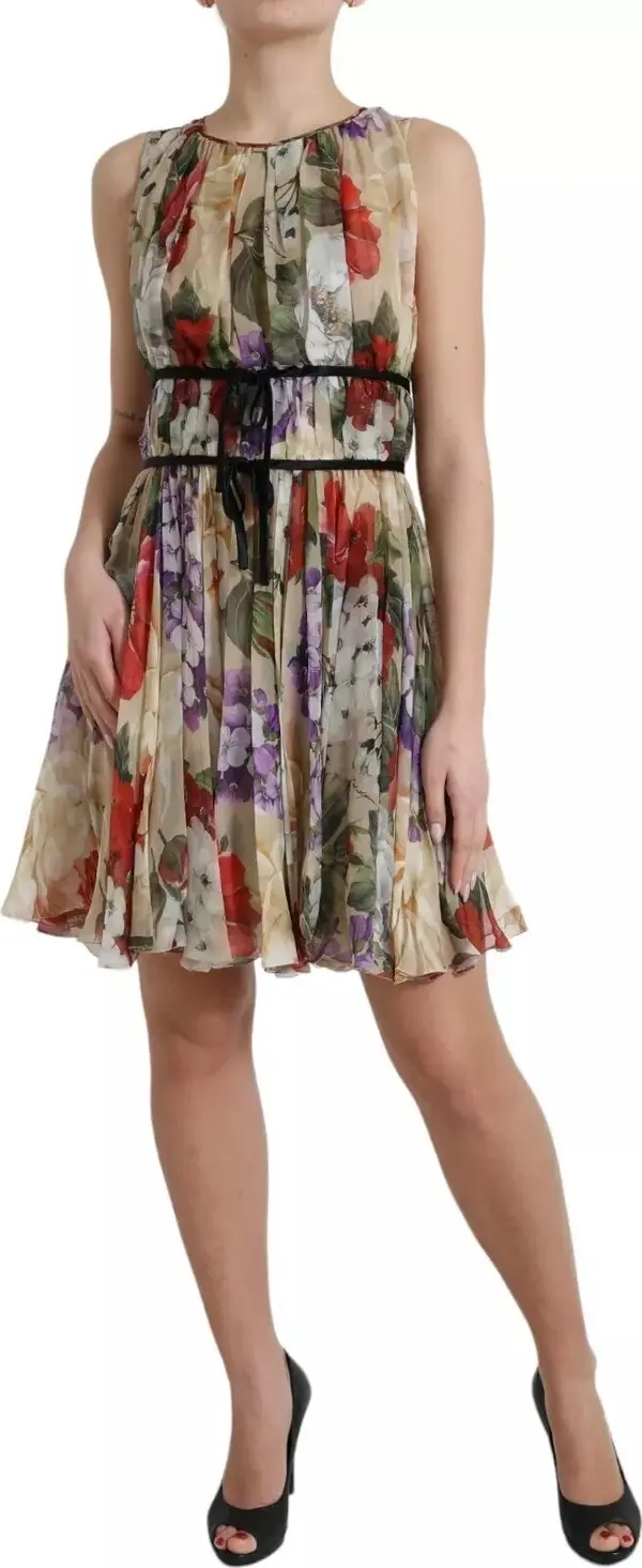 Beige Floral Sleeveless A-line Mini Dress