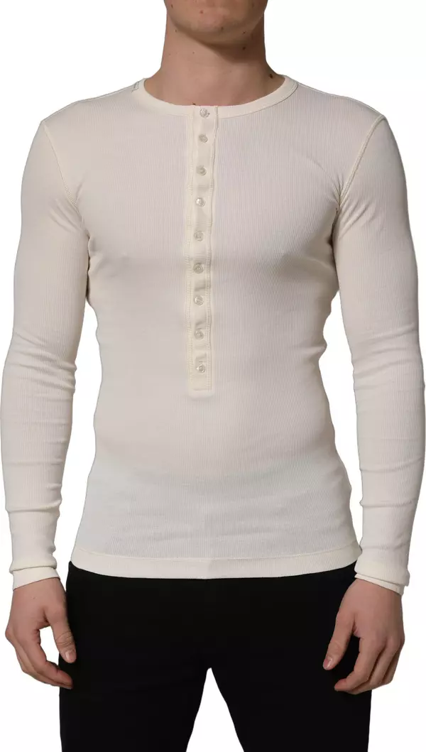 White Long Sleeves Henley Pullover Sweater