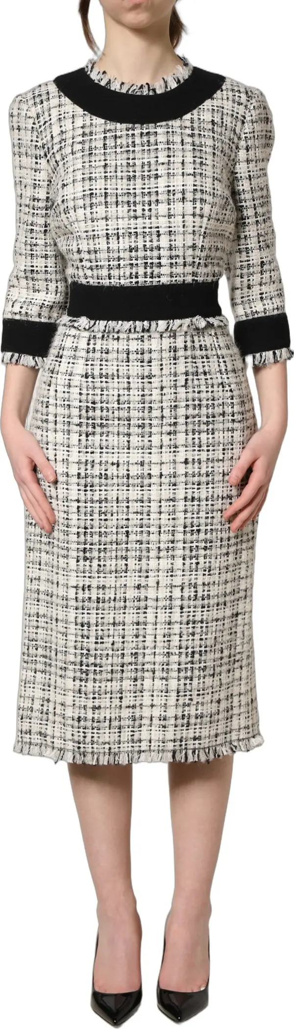 Black White Tweed Sheath A-line Midi Dress