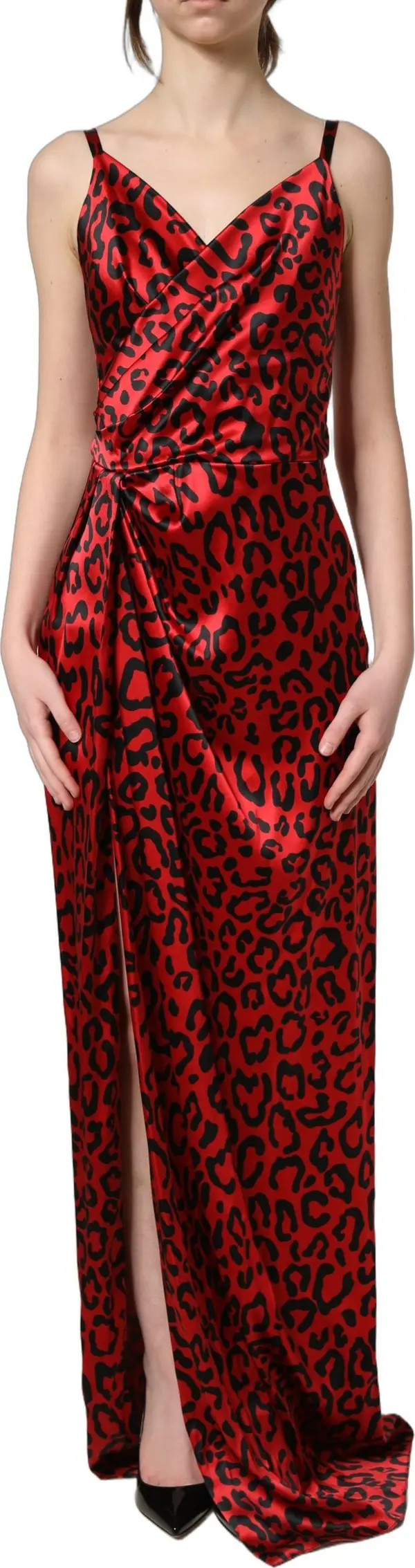 Red Leopard Draped Sleeveless Maxi Dress