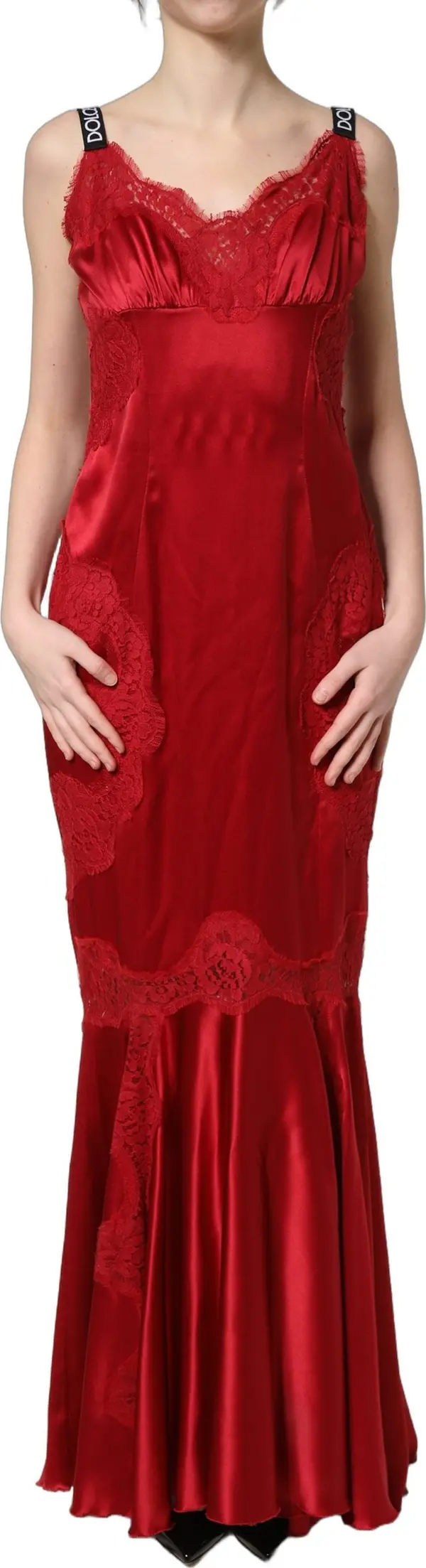 Red Silk Sleeveless Maxi Long Lace Trim Dress