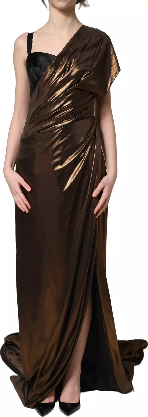 Bronze Asymmetrical Draping OneShoulder Dress