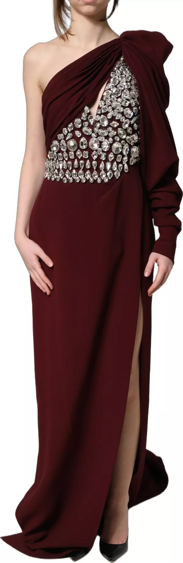 Maroon Crystal One Shoulder EveningGown Dress