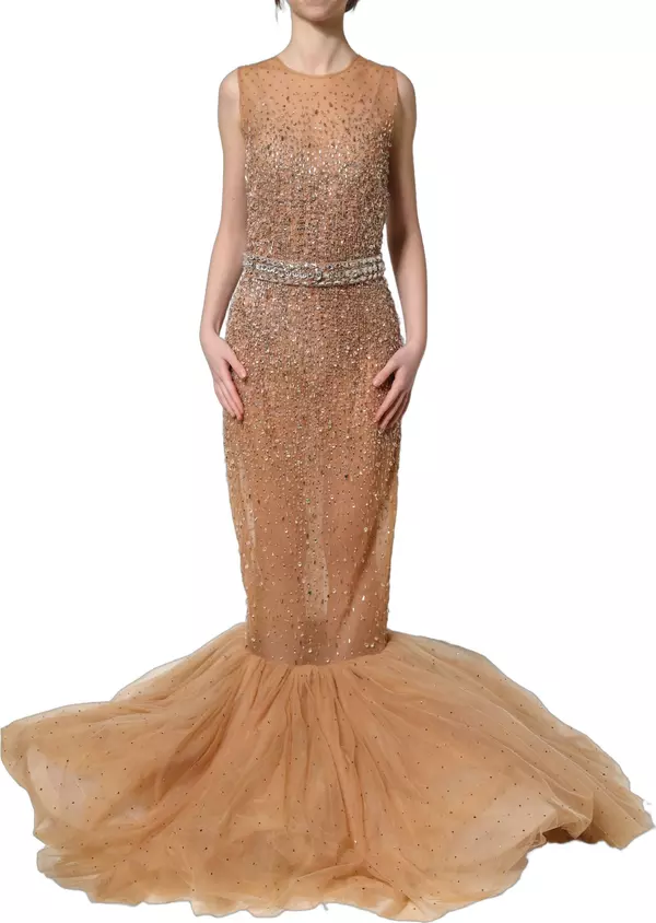 Brown Crystal Embellished Mermaid Gown Dress