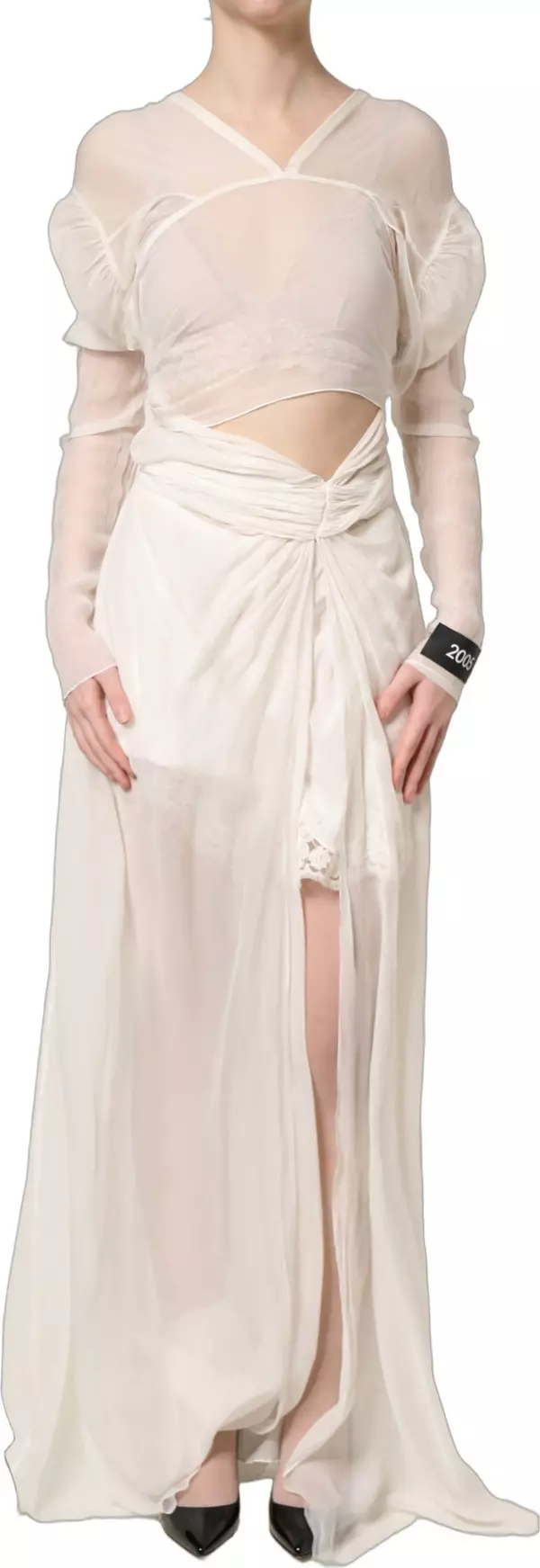 White Silk Sheer Draped Long Gown Dress