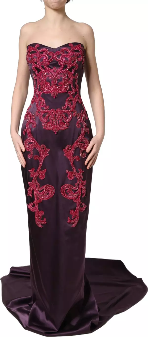 Purple Silk Crystal Strapless Floor Length Gown Dress