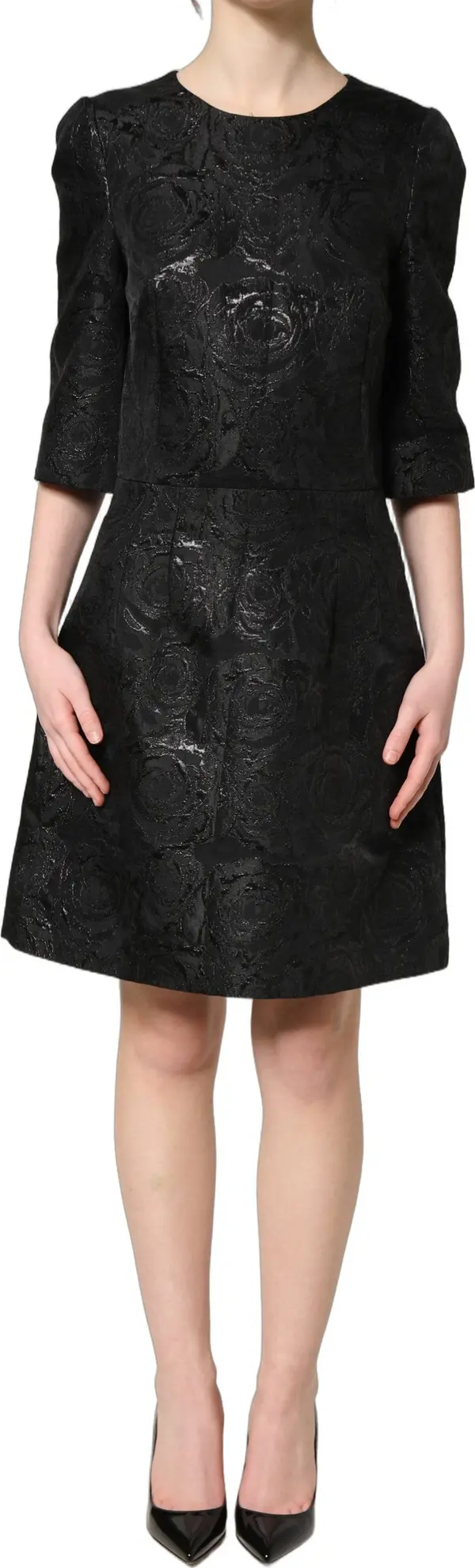 Black Floral Jacquard Flared A-line Dress