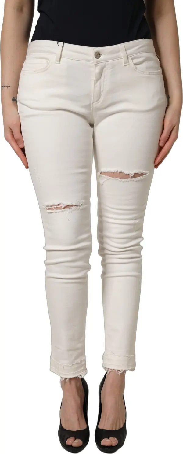 White Tattered Skinny Cotton Denim Jeans
