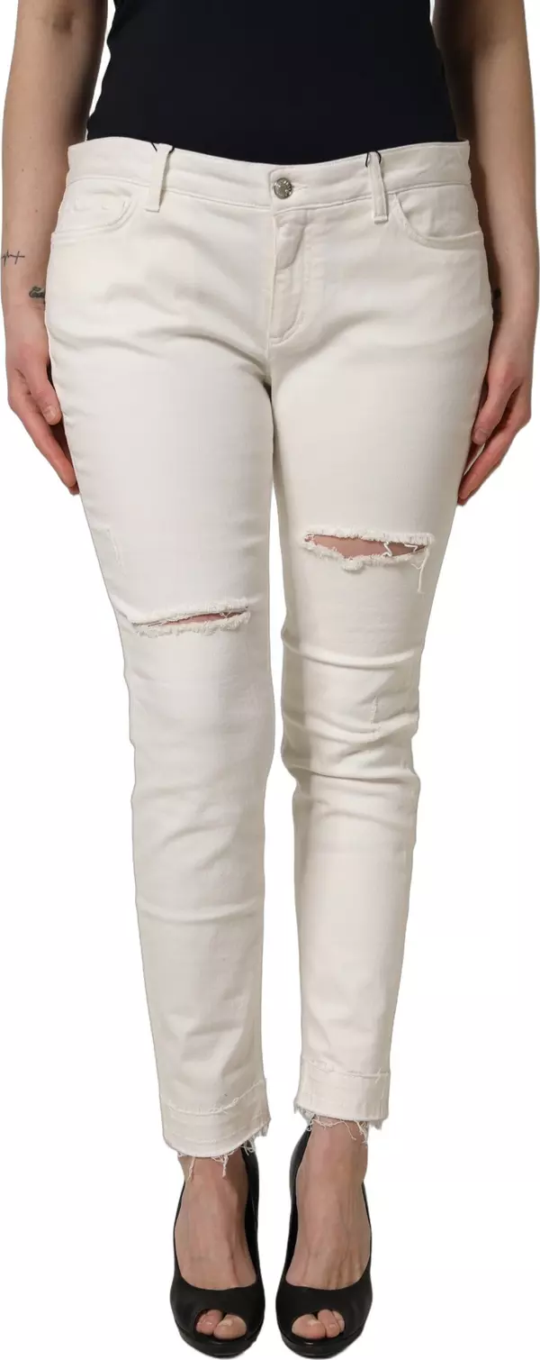 White Tattered Skinny Cotton Denim Jeans