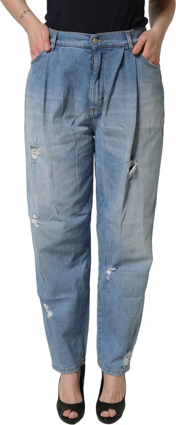 Blue Distressed Pleated Cotton Denim Jeans