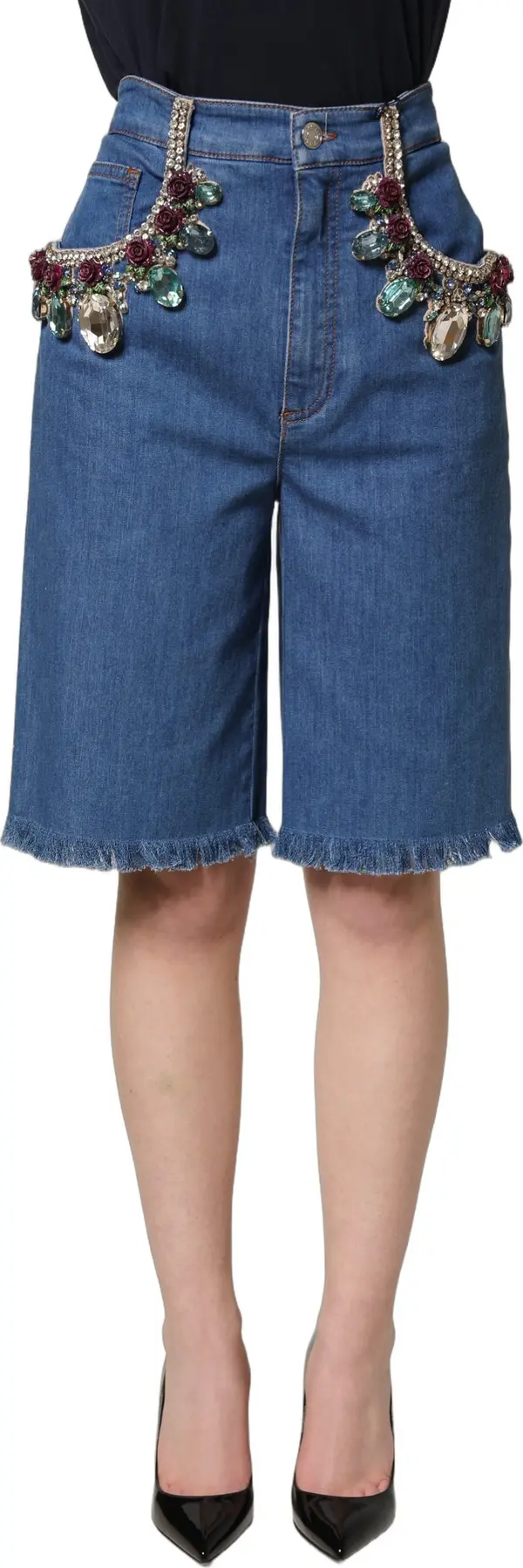 Blue Cotton Embellished BermudaDenim Shorts