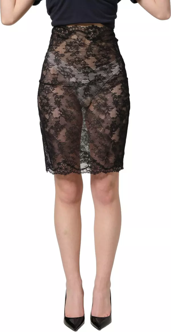 Black Floral Lace High Waist KneeLength Skirt