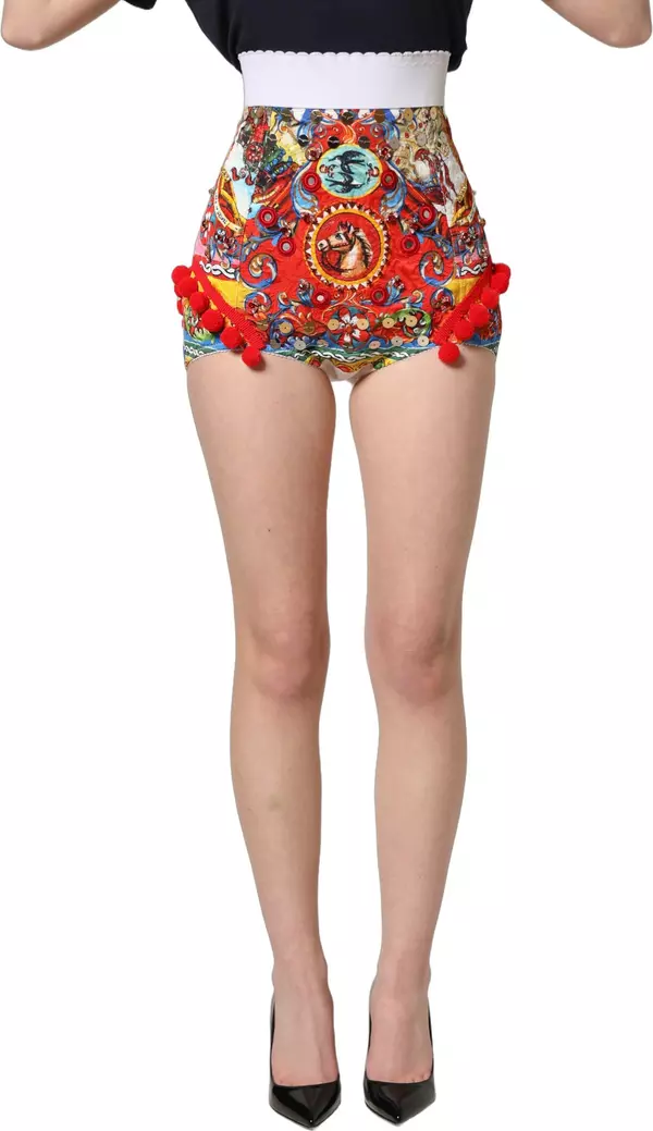 Multicolor Brocade Jewelled High Waist Hotpants Skirt