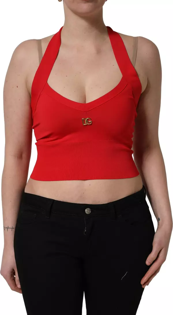 Red Viscose Sleeveless Halter Crop Tank Top