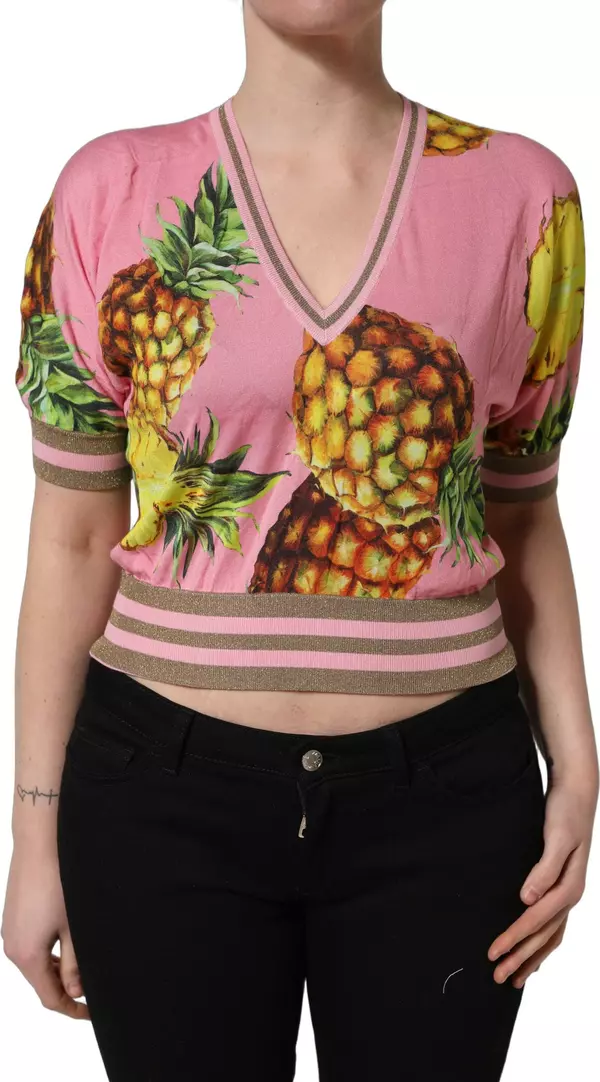 Pink Pineapple Vneck Short Sleeve Cropped Top