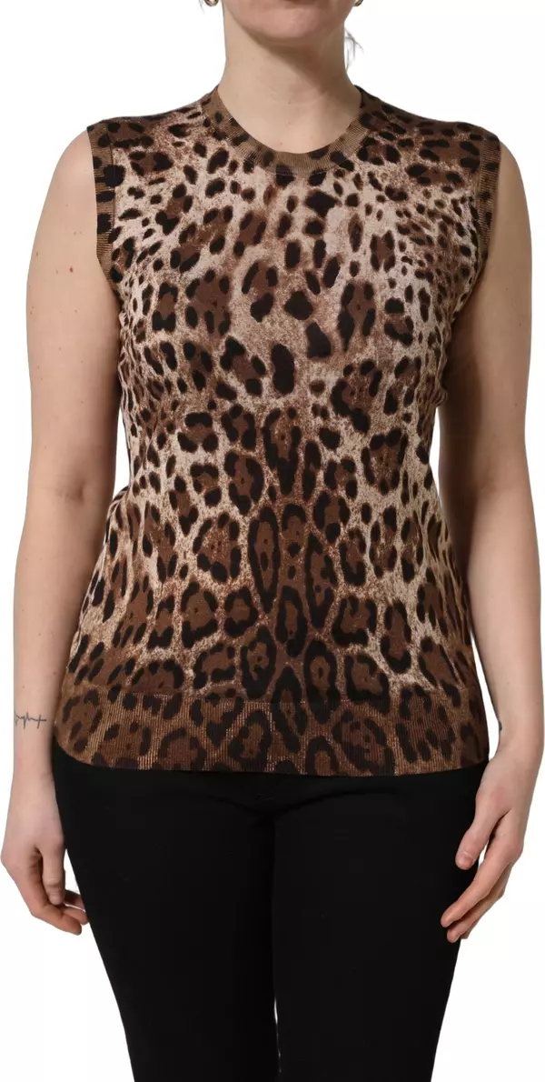 Brown Leopard Crew Neck Sleeveless Tank Top