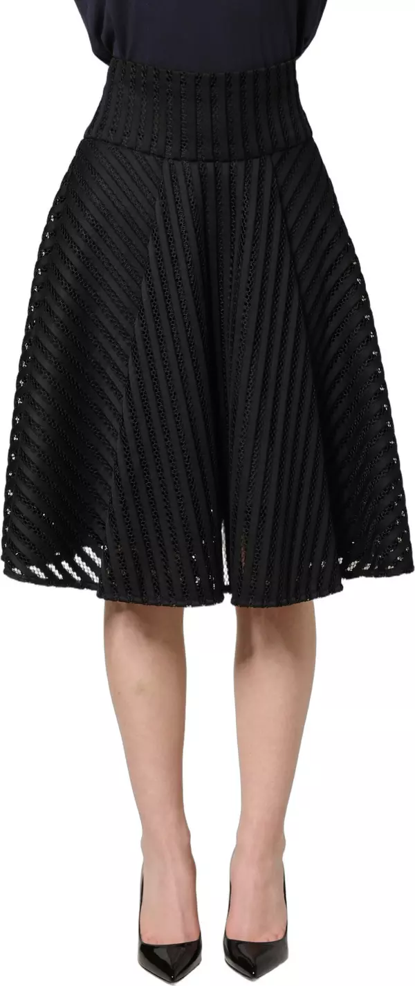 Cotton Striped Flared Silhouette Aline Midi Black