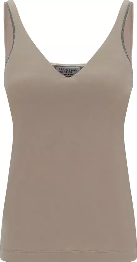 Beige Cotton Sleeveles T-Shirt