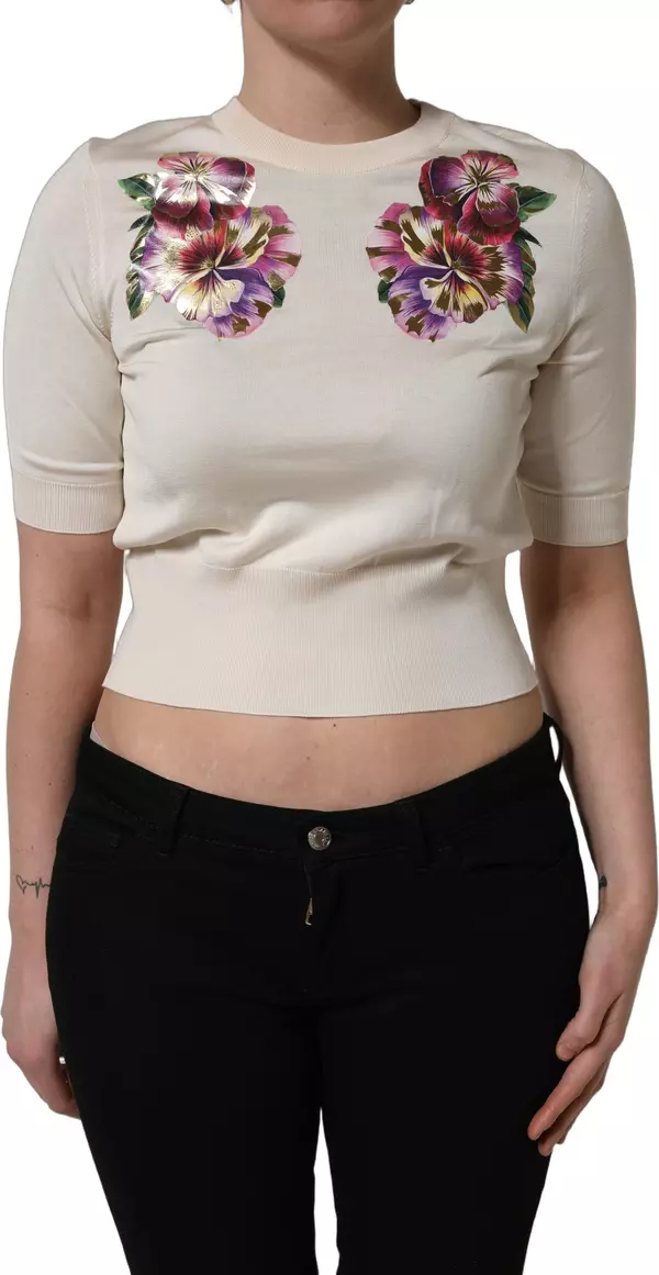 Beige Floral Print Silk CrewNeck Pullover Top