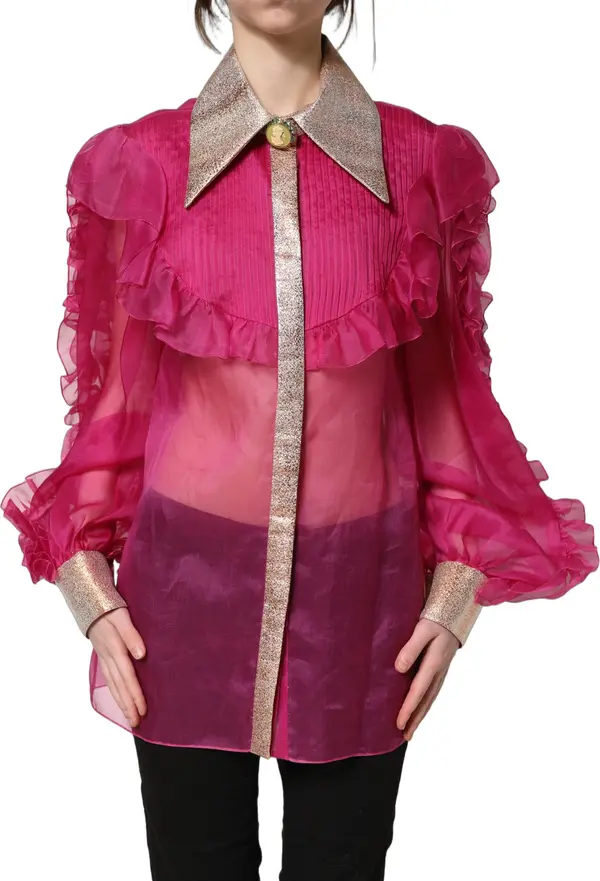 Fuchsia Sheer Chiffon Buttoned Blouse Top