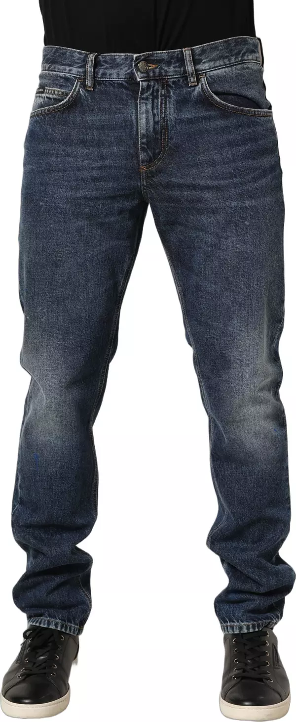 Dark Blue Washed Mid Waist Straight Men Denim Jeans