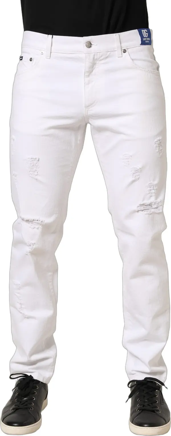 White Cotton Ripped Slim Fit Men Denim Jeans