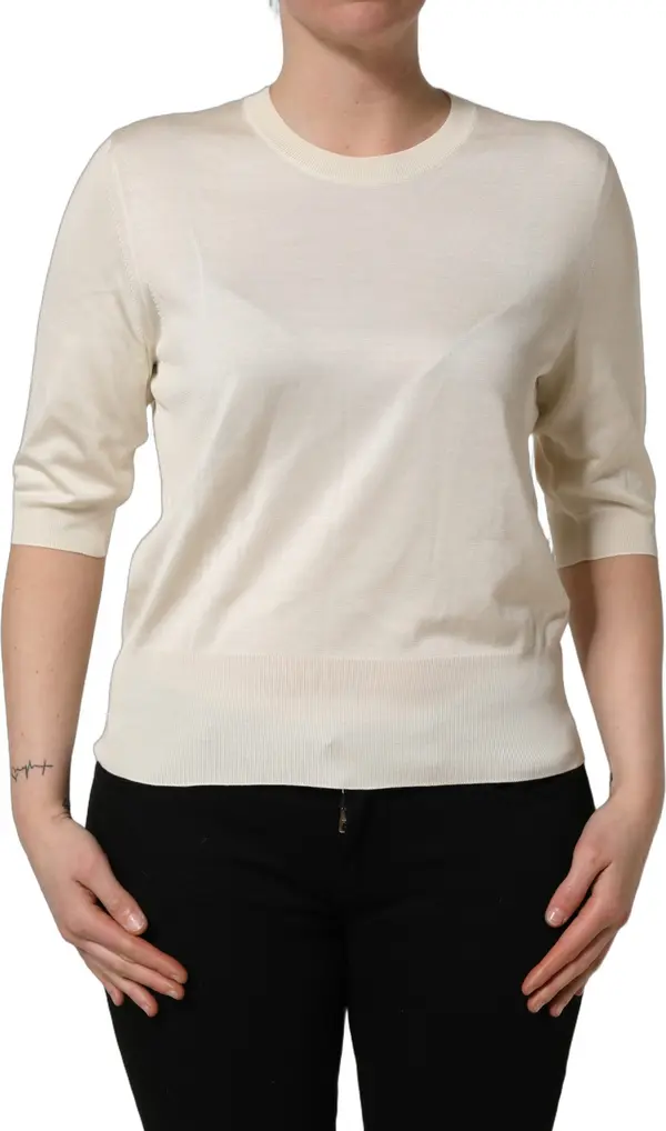 Off White 3/4 Sleeves Crewneck Pullover Sweater