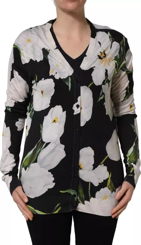 Black Floral Cashmere Silk Cardigan Sweater