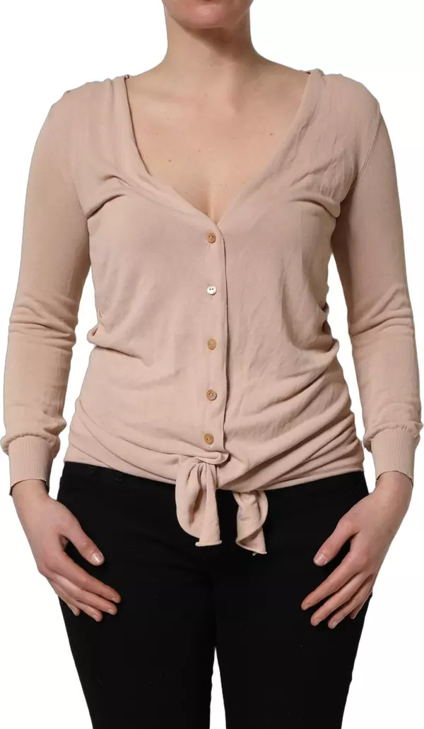 Beige Ribbed V-neck Front Tie Cardigan Sweater