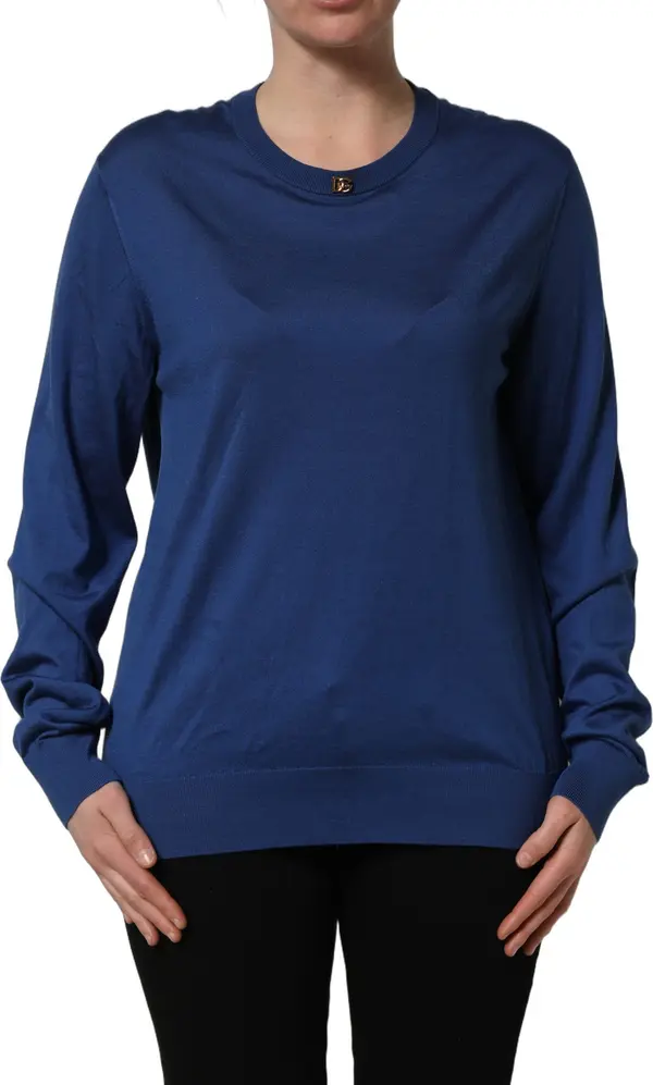 Blue Silk DG Logo Crew Neck Pullover Sweater