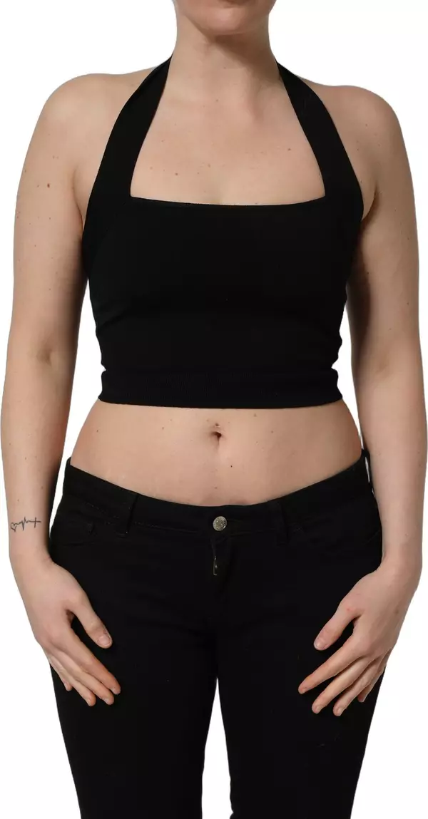 Black Square Neck Halter Cropped Tank Top