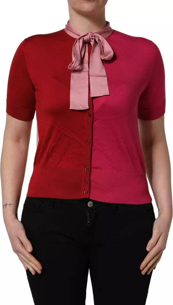 Pink Short Sleeves Buttoned Ascot Collar Top