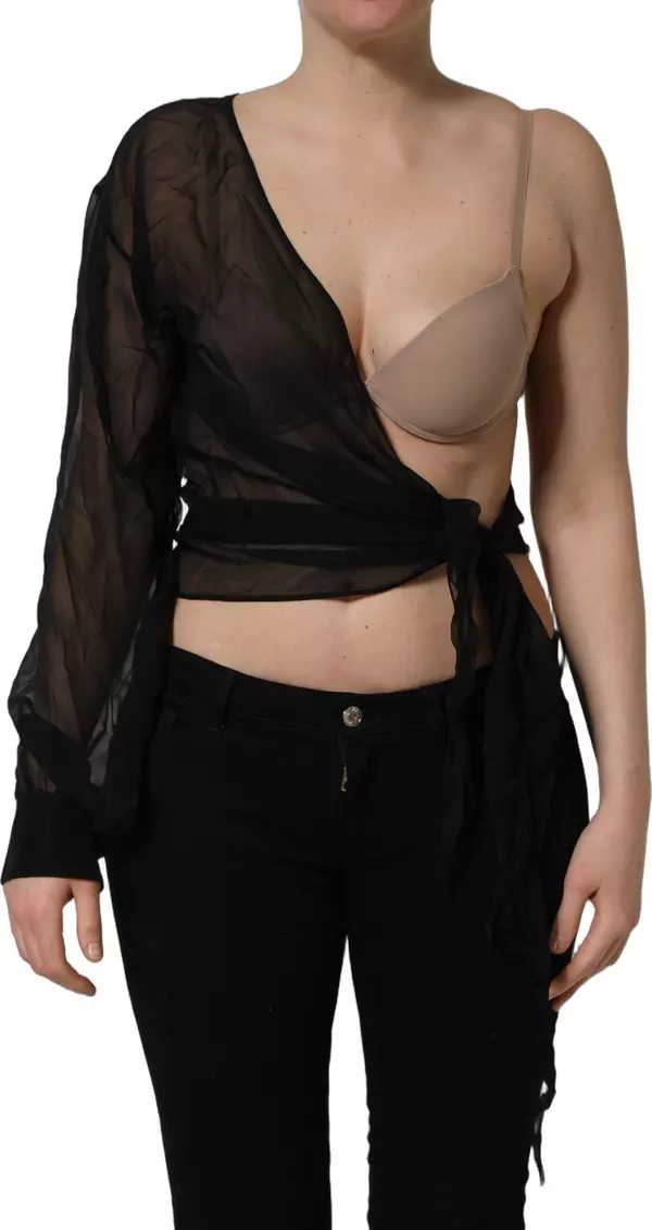 Black Wrap Sheer Chiffon One Shoulder Top
