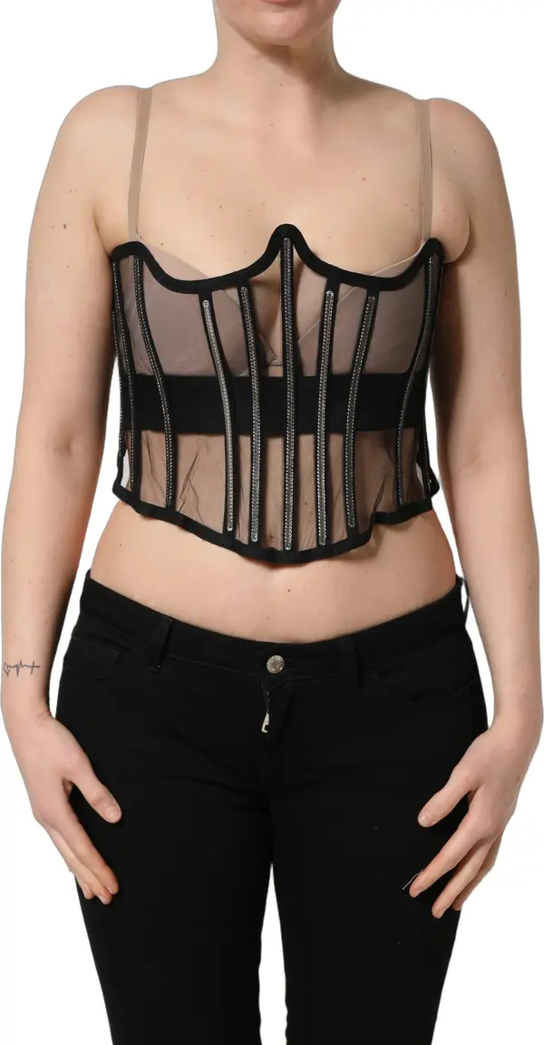 Black Sheer Tulle Bodysuit Cropped Corset Top