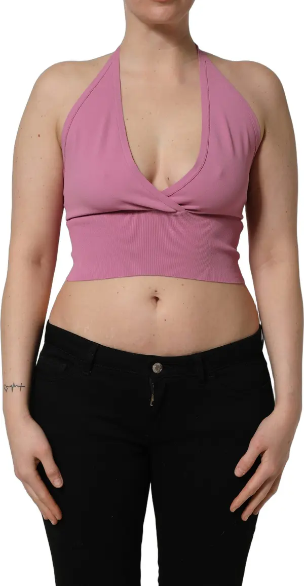 Pink Halter Neck Fitted Cropped Tank Top