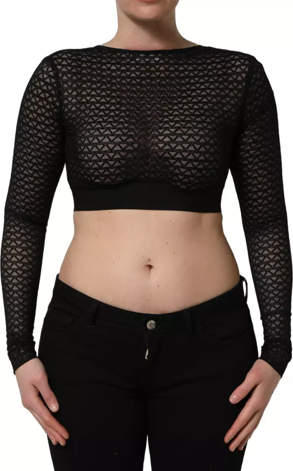Black Nylon Fishnet Long Sleeve Cropped Top