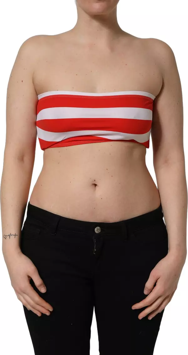 White Red Nylon Striped Ribbed Tube Crop Top