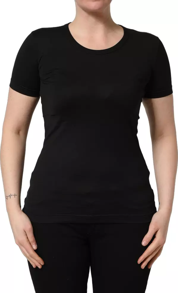 Black Cotton Round Neck Short Sleeve T-shirt