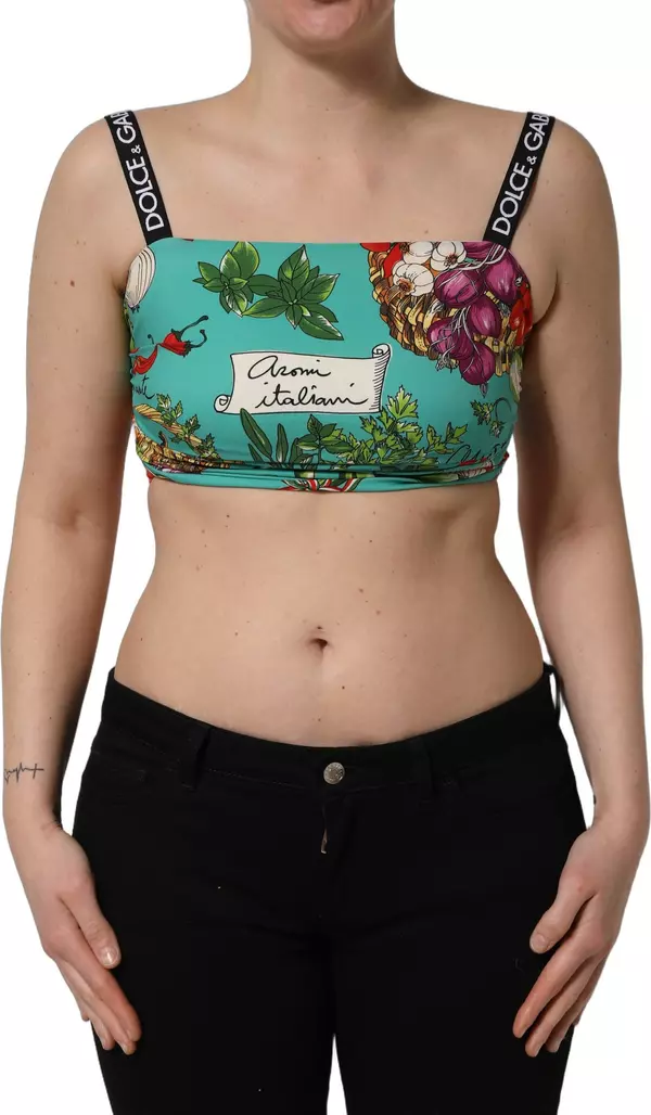 Turquoise Vegetable Print Silk Crop Tank Top