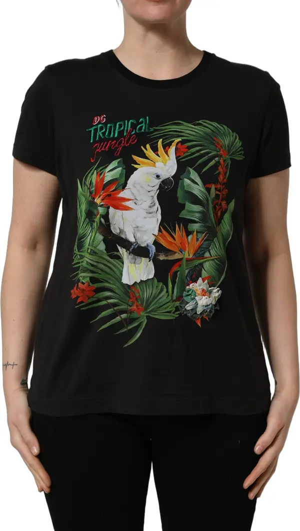 Black Tropical Jungle Round Neck T-shirt