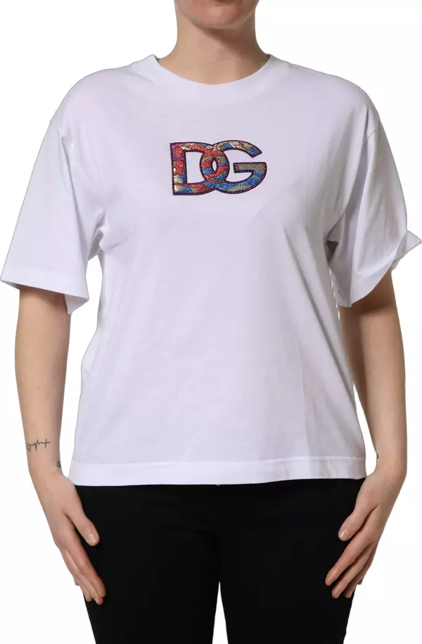 White Cotton DG Logo Patch Crew Neck T-shirt
