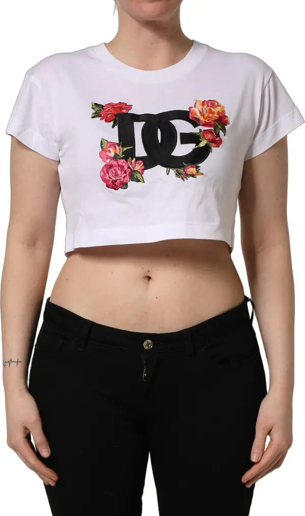 White DG Floral Cotton Jersey Crop T-shirt