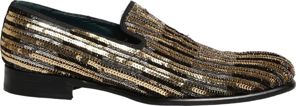 Gold Striped Sequin Embellished Loafer Shoes