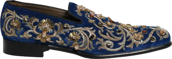 Blue Velvet Embellished Dress Loafers Shoes