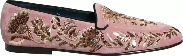 Pink Velvet Floral Embroidery Loafers Shoes
