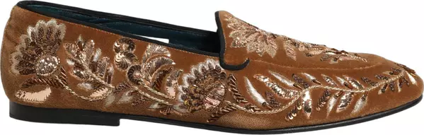 Brown Velvet Floral Embroidery Loafers Shoes