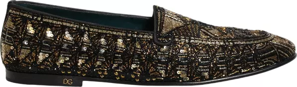 Black Gold Embellished Slip On Loafers Shoes