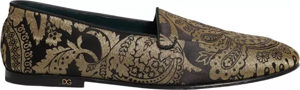 Gold Jacquard Leather Slip On Loafers Shoes