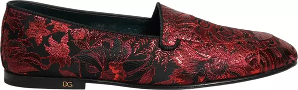 Red Floral Jacquard Slip On Loafers Shoes