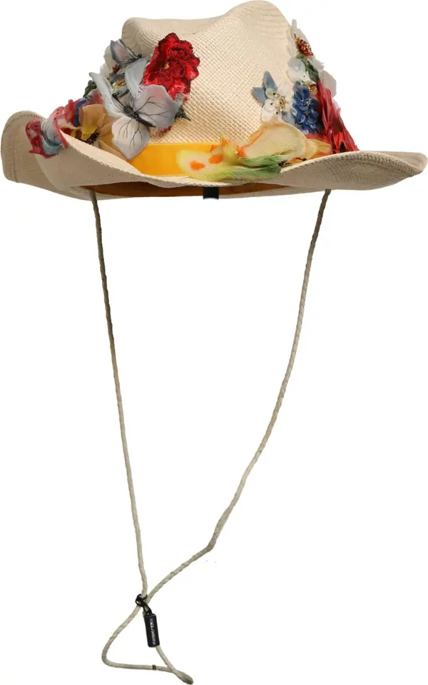 Women Beige Floral Apllique Straw Bucket Hat
